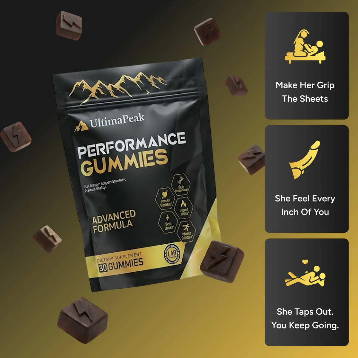UltimaPeak Performance Gummies floating gummies with benefit highlights